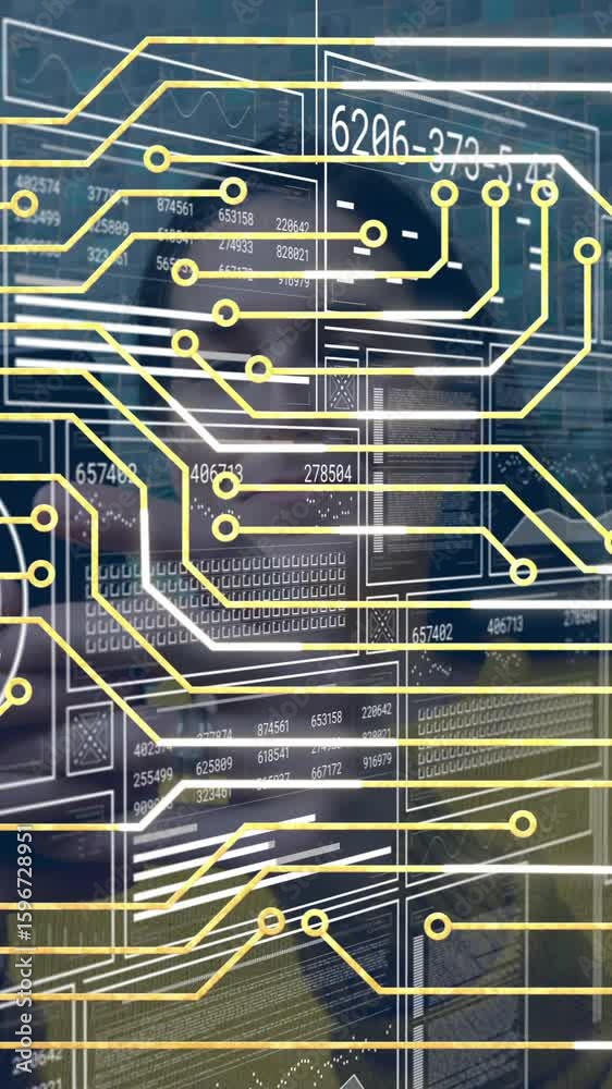 Wall mural overlaying financial data and graphs, animation of circuit board design on screen