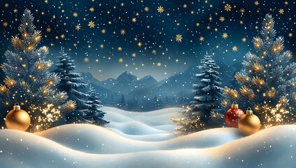 Fototapeta premium Winter christmas landscape with snowy hills illuminated fir trees and festive baubles