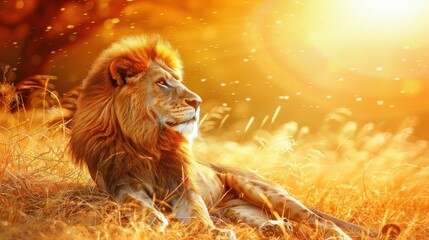 Majestic Lion Resting in Golden Grass Under Warm Sunlight