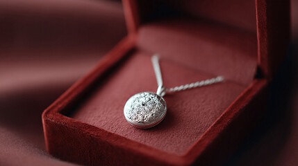 Elegant silver necklace in a velvet box. Symbol of love, memory, or a special gift. Great for jewelry, romance, Valentines Day, or anniversary concepts.