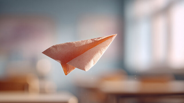 Dreamy shot of a paper airplane soaring against a blurred background. Symbolizes freedom, aspiration, creativity, childhood,  new ventures. Perfect for educational, travel, or inspirational projects.