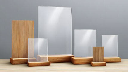 Menu and card stand mockup with wooden base and acrylic display. Rectangular transparent plexiglass table holder. Realistic vector illustration set of plastic desktop office talker template.