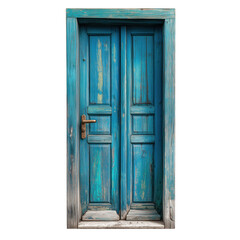 Rustic turquoise wooden door in isolation against a white background for creative design