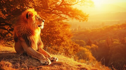 Majestic Lion Gazing at Sunset Over Lush Landscape in Golden Light