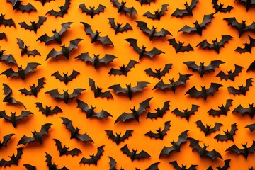 A repeating pattern of black bats flying against a vibrant orange background, creating a festive and spooky halloween theme