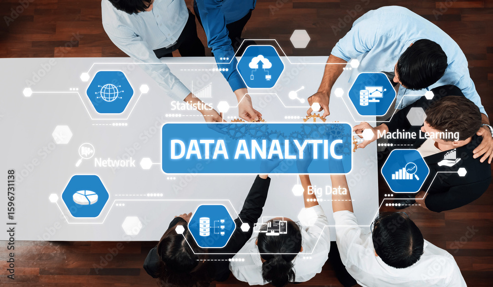 Poster this image captures a dynamic team collaboration in a data analytics session, showcasing professiona