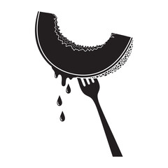 Dripping Cantaloupe on Fork Black and White Vector Graphic
