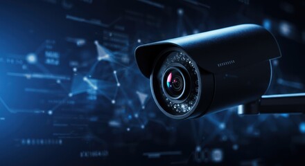 Close-up of a security camera with abstract digital network background.
