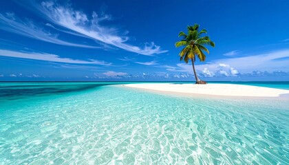 Fototapeta premium 透き通った水の南国の青い海 白い砂浜の島のヤシの木
