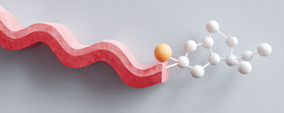 Abstract science concept. 3D render of a molecular structure connected to a wavy form. Modern design for biology, chemistry, or medicine visual.