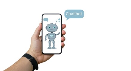 Hand holding smartphone displaying a chatbot with speech bubble on white background.