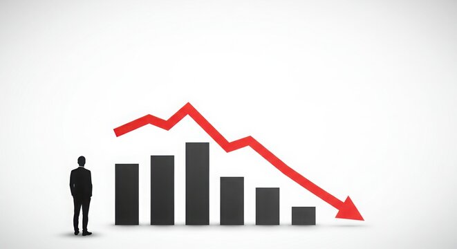 Man in suit looking at a downward trending bar graph with a red arrow line
