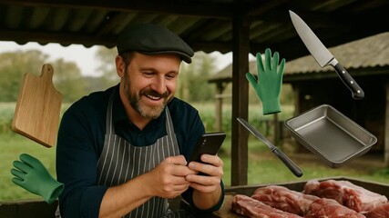 Cooking event chef using smartphone to record bbq preparation outdoor kitchen culinary inspiration