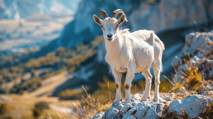 Young Mountain Goat Standing on Rocky Terrain in Scenic Landscape