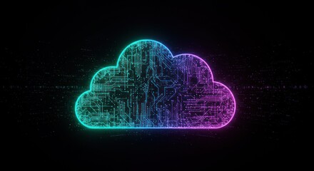 Digital cloud icon glows with blue and purple on a black background.