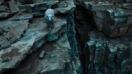 Majestic Sheep on Rugged Cliffside Overlooking Deep Canyon Landscape