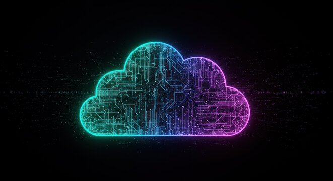 Digital cloud icon glows with blue and purple on a black background.