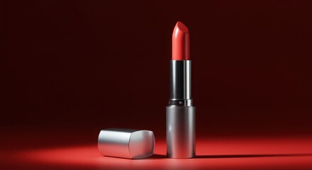 Obraz premium Close up of a red lipstick with a silver case on a red background studio shot