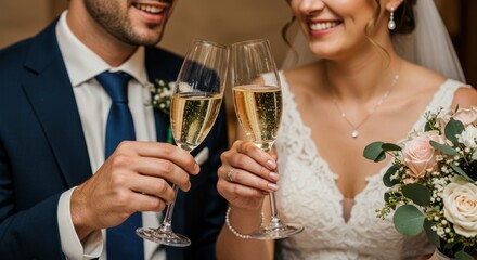 Bride and groom toasting with champagne glasses at wedding celebration.
