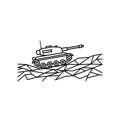 A black and white line drawing of a tank moving over a fragmented, icy terrain.