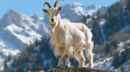 Majestic White Goat Standing on Rocky Outcrop in Scenic Landscape