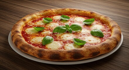 A margherita pizza with fresh basil on a white plate on a wooden surface
