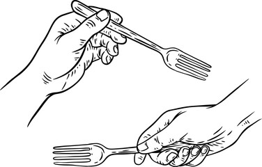 Hand draw fork in human hand. Monochrome design element for kitchen, food equipment. Vintage vector illustration.
