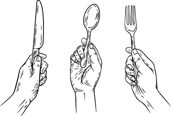 Hand draw cutlery in human hands. Set monochrome design elements. Kitchen fork, spoon and knife for food. Vintage vector illustration.