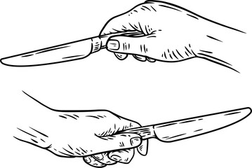 Hand draw knife in human hand. Monochrome design element for kitchen, food equipment. Vintage vector illustration.