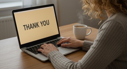Woman using laptop displaying thank you message with coffee cup on desk.