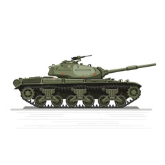 A side view illustration of a military tank, featuring a long cannon and tracks.