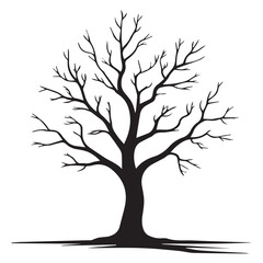 Obraz premium Vector art of a stark black silhouette of a bare deciduous tree with intricate branches stands isolated on a clean white background, symbolizing winter