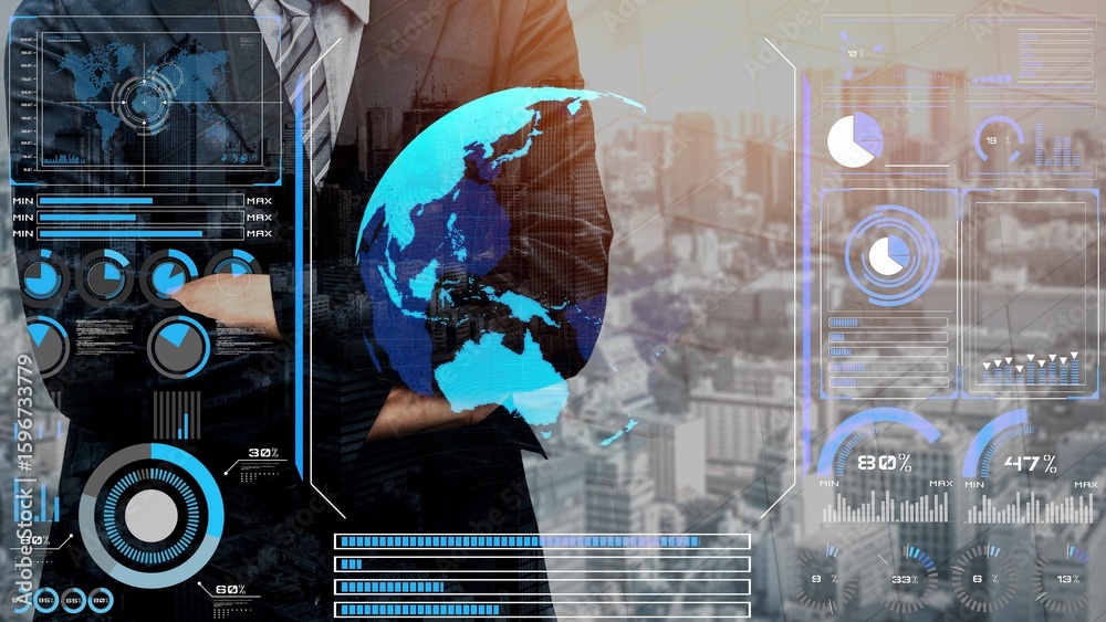 Poster high-tech global network connection interface showing worldwide digital communication, data exchange