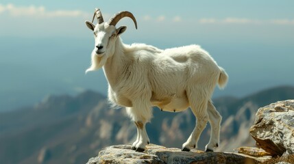 Majestic White Mountain Goat Standing on Rocky Outcrop in Nature