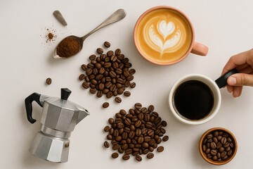 coffee beans and cup and coffee maker, with a spoon of ground coffee