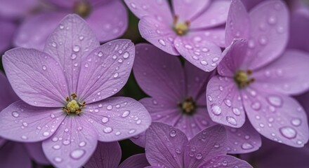 Close up of purple flowers with water droplets on the petals in soft focus view