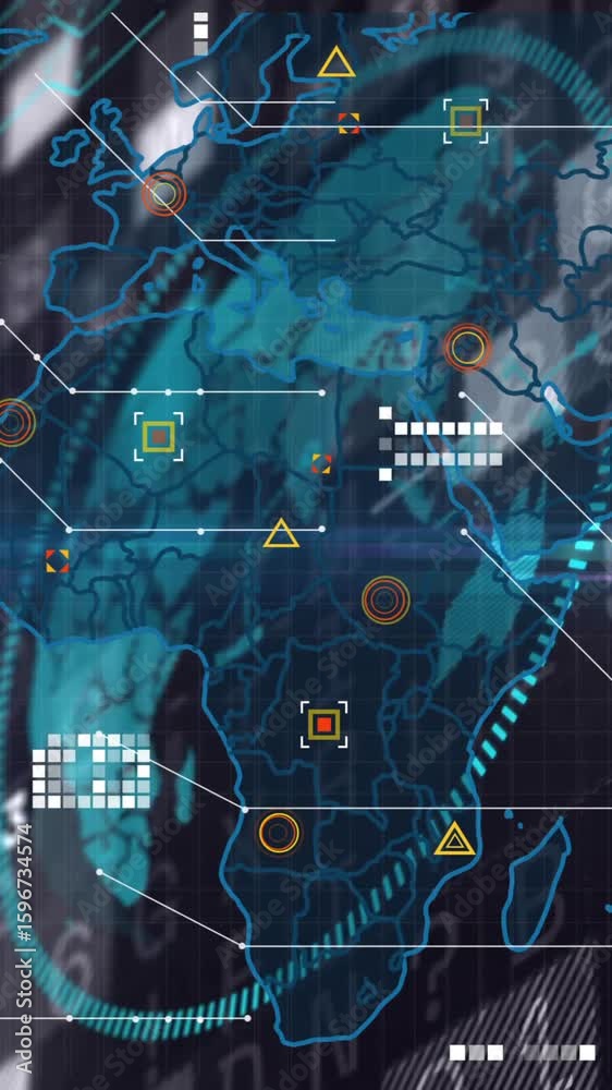 Poster Digital world map with data processing and network connections animation