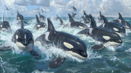 A Pod of Orcas Swimming Gracefully in Ocean Waters Under Clouds