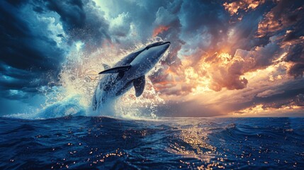 Majestic Shark Breaching Ocean Surface Under Dramatic Sky