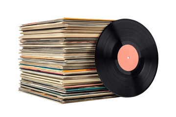 Stack of vintage vinyl records with a single disc isolated on transparent background