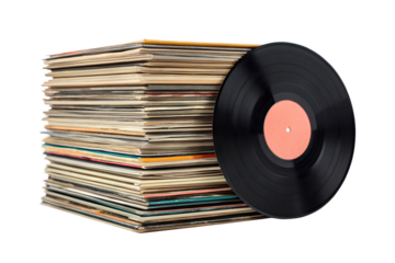 Stack of vintage vinyl records with a single disc isolated on transparent background