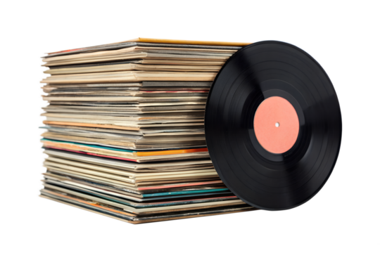Stack of vintage vinyl records with a single disc isolated on transparent background