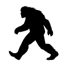 a bold silhouette of bigfoot striding through the wilderness. Sasquatch  illustration and vector silhouette.