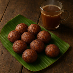Traditional Kerala Snack Unniyappam Served on a Banana Leaf with a Steaming Glass of Hot Tea on a Rustic Wooden Table