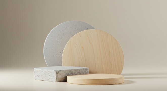 Two platforms and two circular backdrops in beige and gray tones.