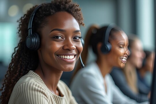 Joyful African-American Call Center Agent Using VOIP Headset for Customer Consultations. Girl Providing Friendly Customer Service or Tech Support.