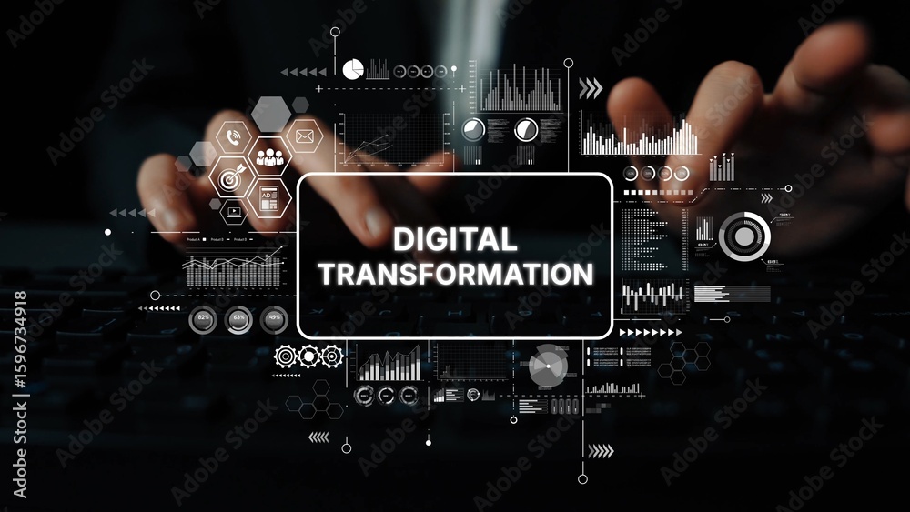 Poster hands typing on keyboard with digital transformation symbols representing technological change and i
