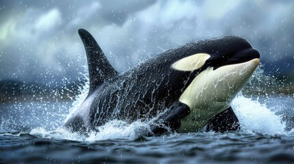 Orca Whale Breaching During Rainy Day in the Ocean Waterscape