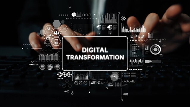 Hands Typing on Keyboard with Digital Transformation Symbols Representing Technological Change and Innovation in Business. Asymptotic smart data analytic.