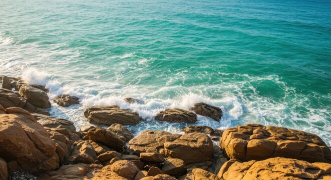 Ocean waves crashing against rocks on the shore on a bright sunny day time - Powered by Adobe
